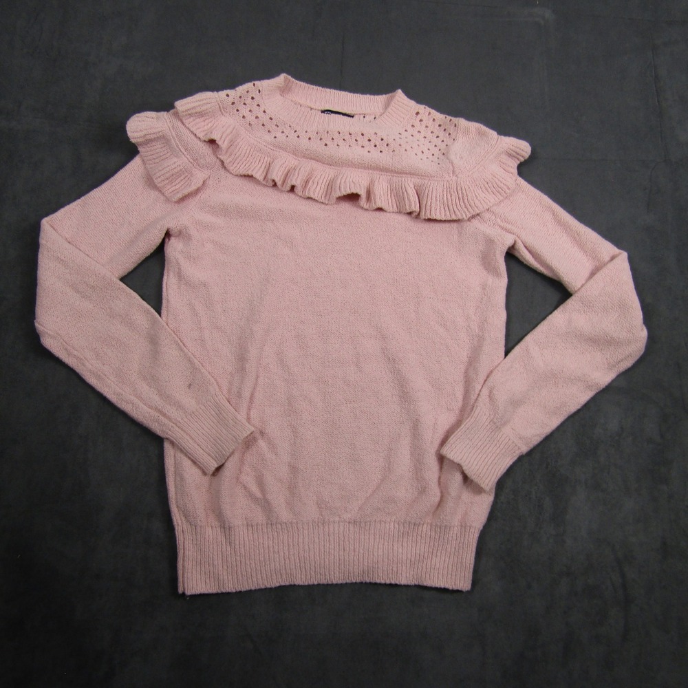 Who What Wear Sweater Womens XS Pink Ruffle Neck Pointelle Cotton Blend Pullover